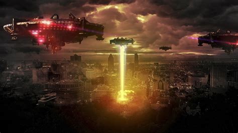 scifi, city, alien, metropolis, ufo, alien invasion, darkness, extraterrestrial life, evening ...