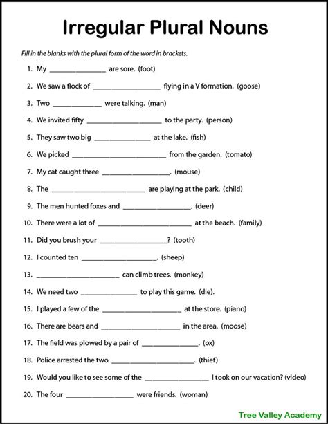 Printable Plural Nouns Worksheets for Kids - Tree Valley Academy | Nouns worksheet, Plurals ...