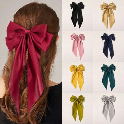 Women Big Bow Hair Clip Satin Ribbon Hairpin Two-layer Bows Long Ribbon ...