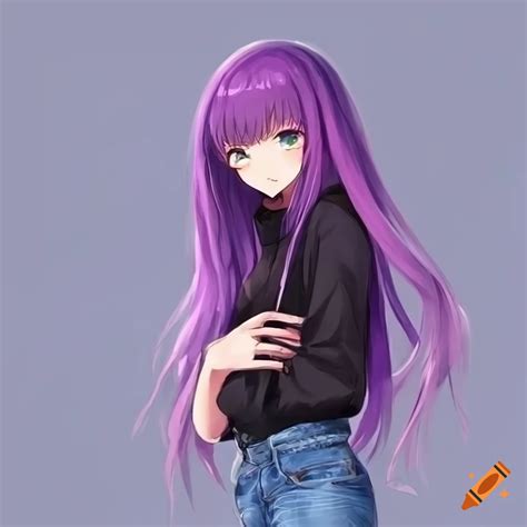 Artwork of an anime girl with purple hair in a black hoodie and blue jeans on Craiyon