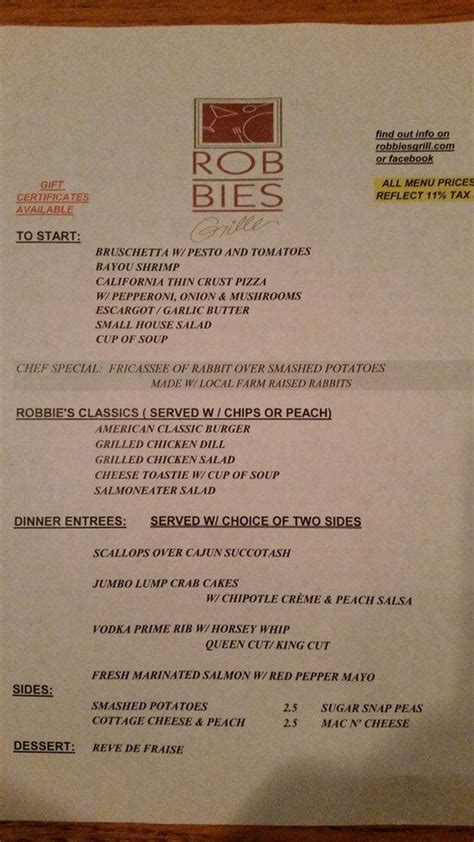 Menu at Robbies Restaurant, Decatur