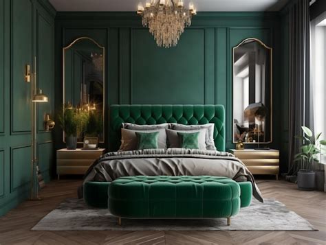 Premium Photo | A bedroom with a green bed and a gold chandelier.