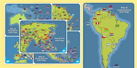 Maps of Continents with Flags Display Posters - Twinkl