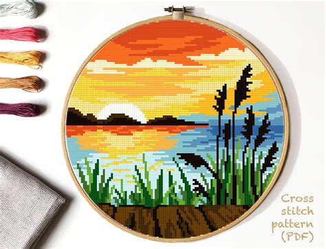 Landscape Cross Stitch Pattern lake counted cross stitch | Etsy