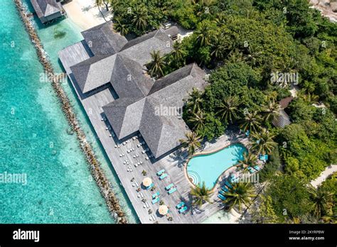 Aerial view, Hurawalhi Island Resort, with beaches and water bungalows ...