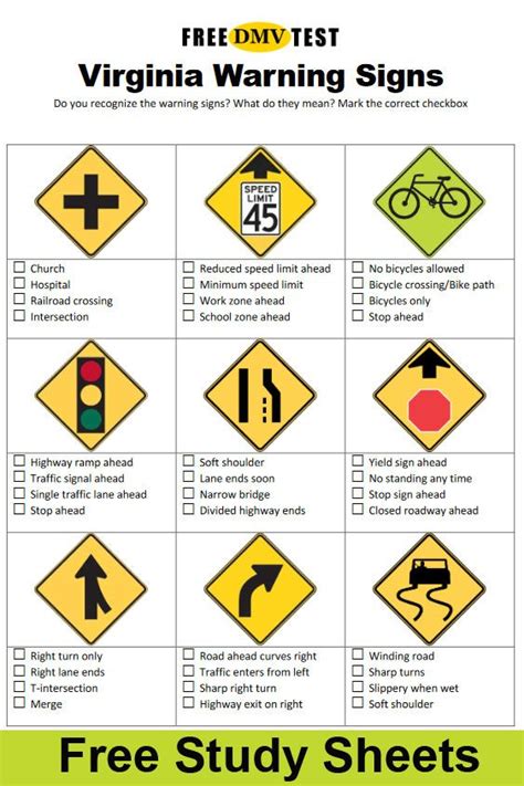 Study Sheet with Virginia Warning Signs | Dmv test, Drivers ed, Drivers ...