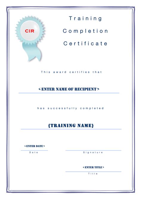 Training completion certificate template in Word and Pdf formats