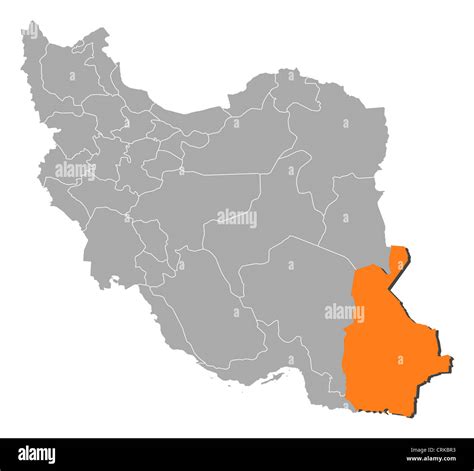 Political map of Iran with the several provinces where Sistan and Baluchestan is highlighted ...