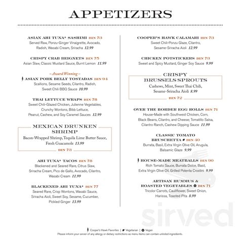 Cooper's Hawk Winery & Restaurant menu in Jacksonville, Florida, USA