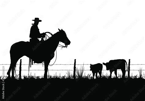 A vector silhouette of a working ranch cowboy on a horse with two young ...