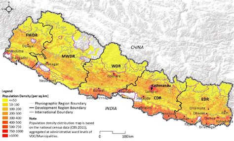 Population density distribution in Nepal (Adapted from CBS, 2011 ...