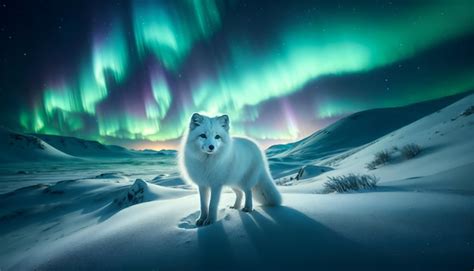 Premium Photo | Arctic Fox Under Northern Lights in Snowy Landscape