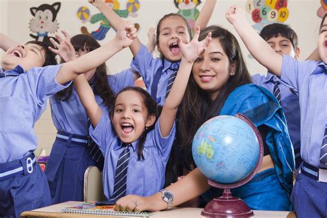 Shouted Group Indian School Children-Students With Teacher Sitting In-Classroom Fun-Cheerful