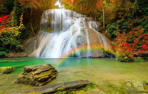 Wallpaper autumn, forest, nature, waterfall, rainbow, stream images for desktop, section пейзажи ...