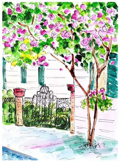 Watercolour painting Pink Blossom. Tree painting. Street drawing. Romantic art. Home decor dream ...