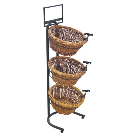 Black Metal 3-Tier Basket Stand With 3 Brown Wicker Baskets - 15 1/2"L x 8 1/2"W x 41"H