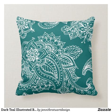 Dark Teal Illustrated Bohemian Paisley Henna Throw Pillow | Zazzle.com ...