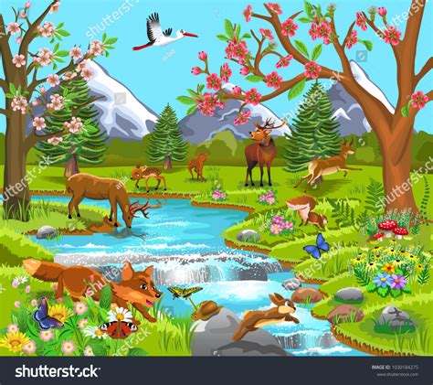 Cartoon Illustration Wild Animals Spring Natural Stock Vector (Royalty ...