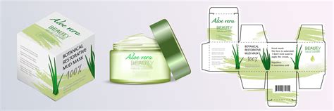 Design of the cosmetic packaging template. Cut. An open cosmetic cream mask with aloe vera with ...