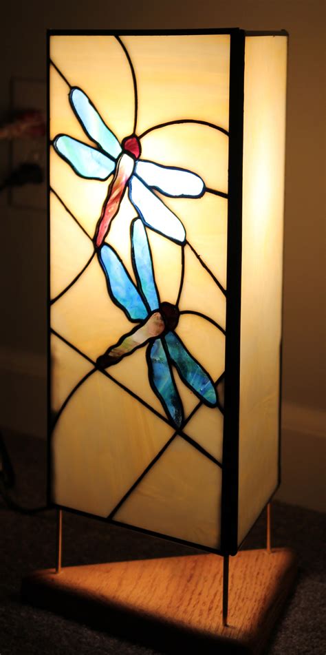 Stained Glass 3 sided table lamp with dragonfly theme | Stained glass candles, Glass painting ...