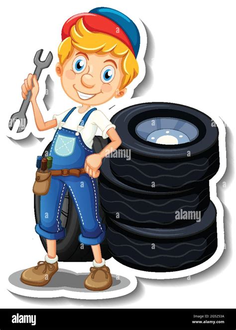 Sticker design with auto mechanic cartoon character illustration Stock ...