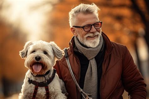 Premium AI Image | Happy elderly man on the street with a dog closeup