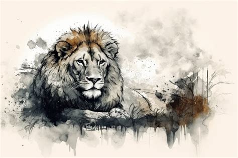 Hand Drawn Lion in His Natural Habitat. Ink Illustration. Generative AI Stock Illustration ...