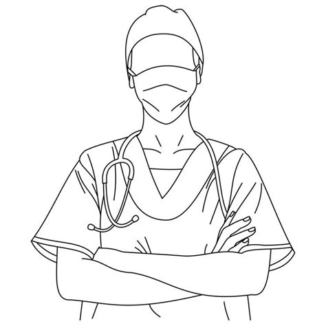 Illustration of line drawing a beautiful young surgeon or medical nurse posing wearing uniform ...