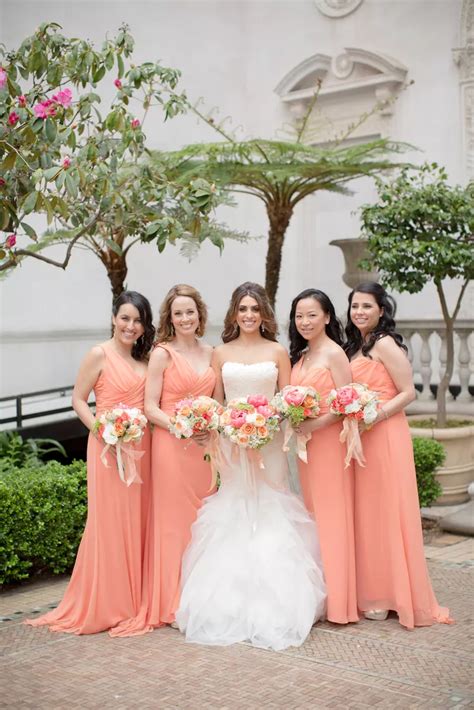 Peach-Colored Long Bridesmaid Dresses | Peach bridesmaid dresses, Orange bridesmaid dresses ...