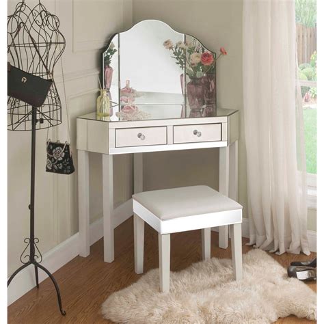 Roldene Vanity Set with Mirror White Vanity Table, Mirrored Vanity ...