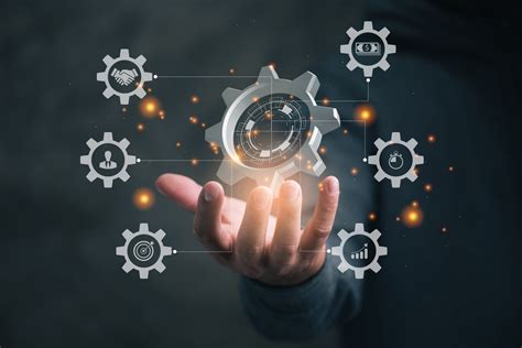 Business process management and workflow automation diagram with gears and icons with connection ...