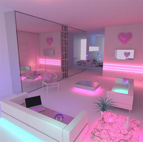 a living room filled with white furniture and pink lighting