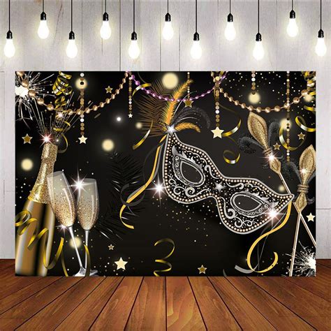 Masquerade Party Decoration Prop Gold Feather Champagne Photo Backdrop | Masquerade party ...