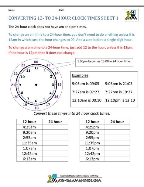 24 Hour Clock Conversion Worksheets