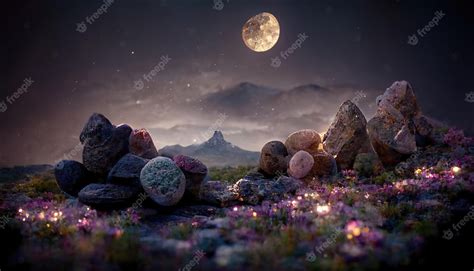 Premium Photo | Starry sky with full moon in the night sky mountain valley with shimmering rocks ...