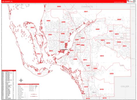 Lee County, FL Zip Code Wall Map Red Line Style by MarketMAPS - MapSales