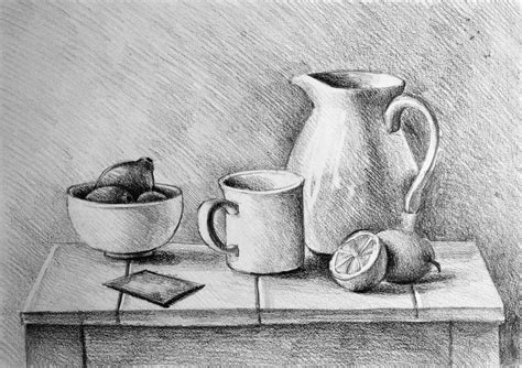 Drawing illustration of still life composition with mug, lemons, cup and water jug on wood table ...