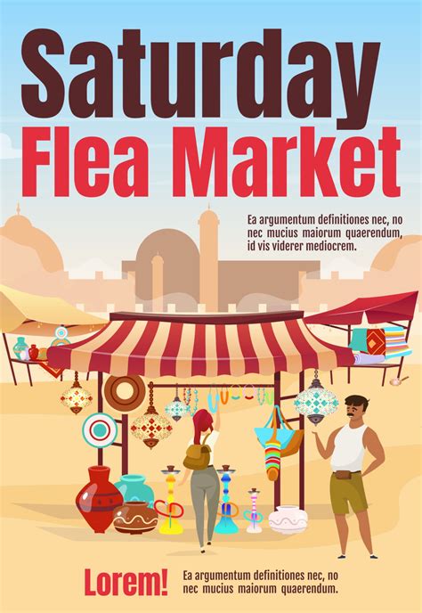 Saturday flea market poster flat vector template. Oriental marketplace with souvenirs. Brochure ...