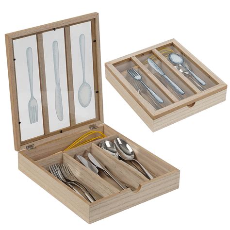 Buy Wooden Cutlery Box with Lid Wood Cutlery Organizer Silverware Drawer Organizer with 4 ...