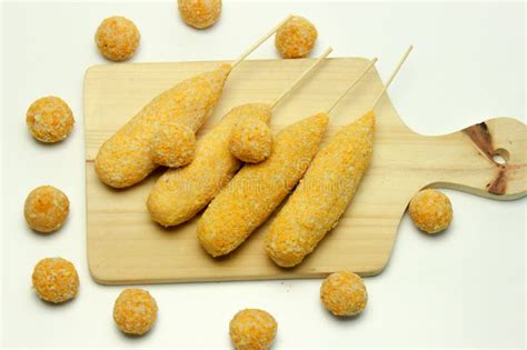 Corn Dog and Breaded Mozzarella Cheese Balls. Top View Stock Photo ...