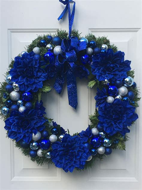 Blue and silver Christmas wreath - blue holiday wreath - Christmas front door wreath - ornament ...