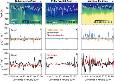 (a–c) Vertical sections of salinity (g kg⁻¹) measured by the gliders... | Download Scientific ...