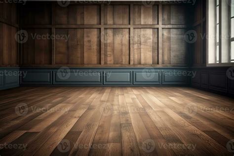 Idea of empty room with vintage wooden floor and large wall used as background studio wall ...