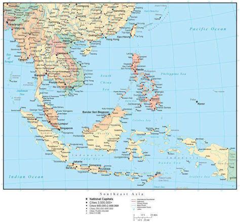 Southeast Asia Map with Multi-Color Countries, Cities, and Roads