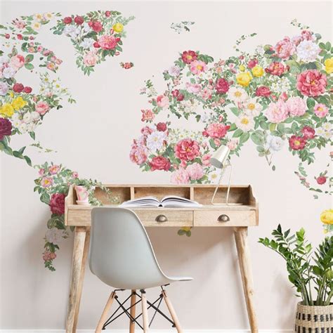 Custom Wallpaper Mural Colorful Floral World Map | BVM Home