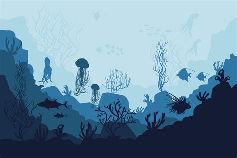 Underwater ocean background. Black silhouettes swimming sea fish with corals and vector plants ...