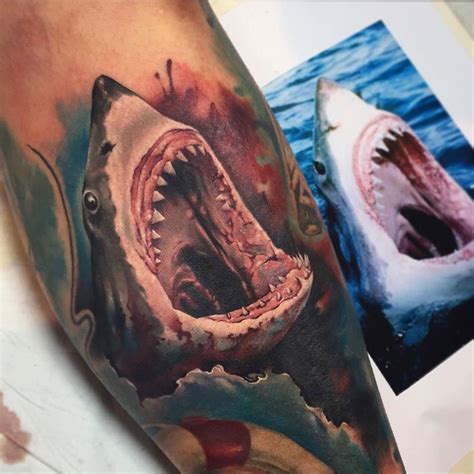 Jaws tattoo done by Benjamin Laukis. | Shark tattoos, Mouth tattoo, Great white shark