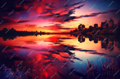 Premium AI Image | A painting of a sunset over a lake with a purple sky ...