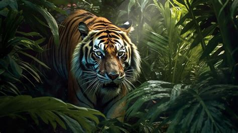 Premium AI Image | Tiger coming from Tropical leaves Danger animal generative ai illustration