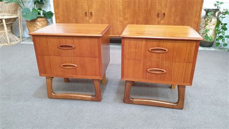 Retro Teak Bedside Tables Drawers Sleigh - Hilton and Main